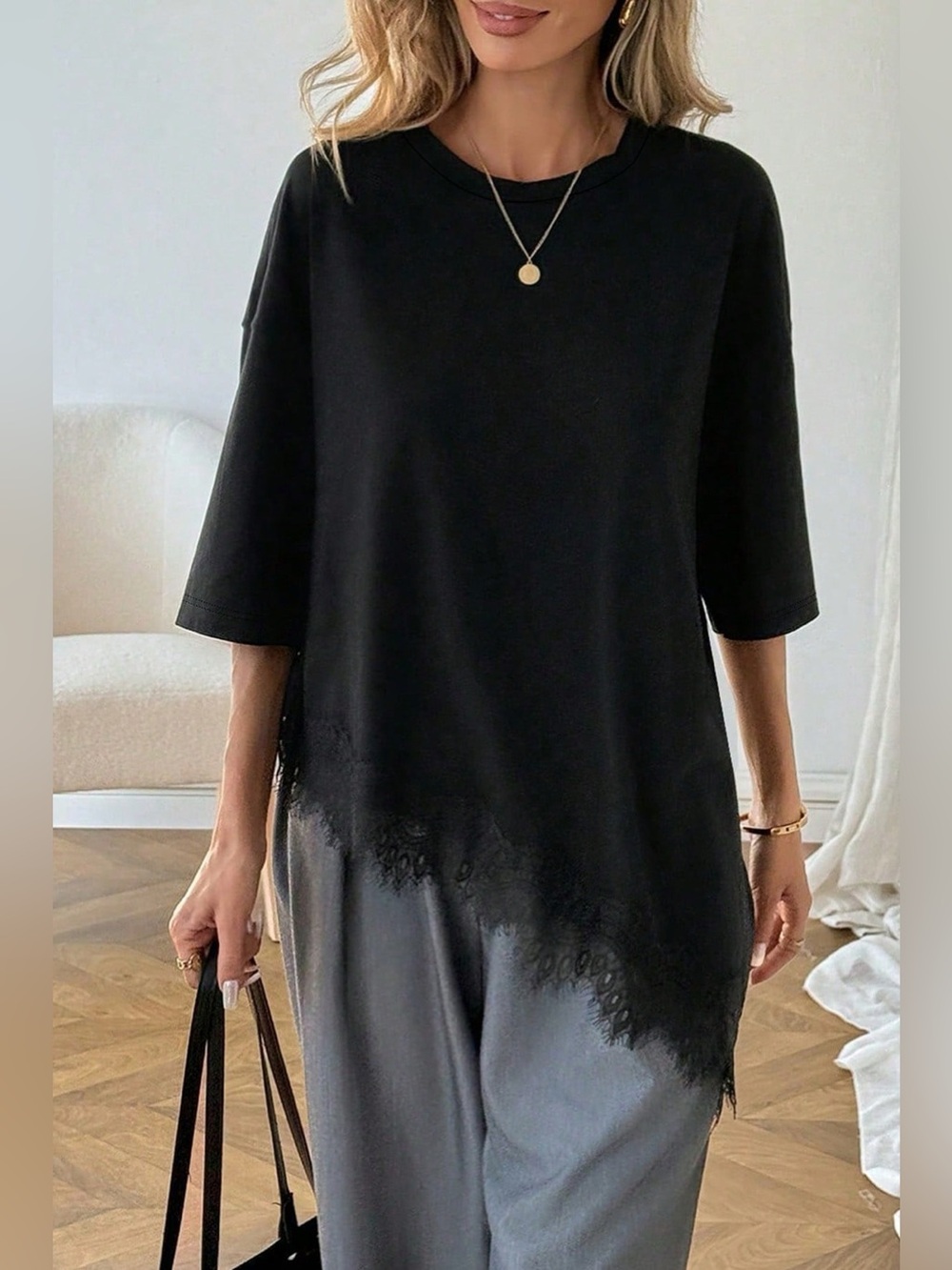 Lace Asymmetrical Hem Round Neck T-Shirt